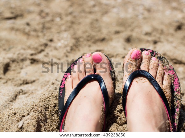Close Female Sunbathing Feet Wearing Flip Stock Photo 439238650 ...