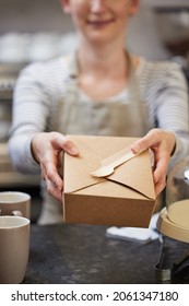 Close Up Of Female Worker In Cafe Serving Meal In Sustainable Recyclable Packaging With Wooden Fork