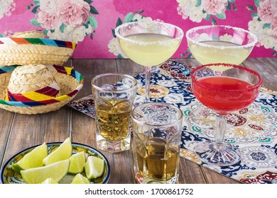 Close Up Of Fiesta Table With Tray Of Variety  Margarita Cocktails.