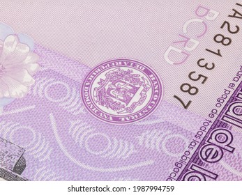 Nahaufnahme von fünfzig Pesos der Dominikanischen Republik. Papierbanknoten des karibischen Landes. Detaillierte Erfassung des Wappens und der Seriennummer. Detaillierte Geldhintergründe
