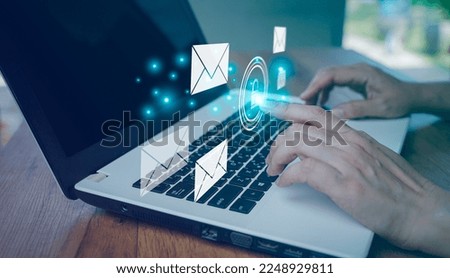 Close up finger touch to lock or encrypt the email on laptop. Concept email marketing communication network, message online, digital mail technology. Connection using e-mail. Send electronic letter.