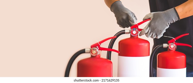 Close Fire Extinguisher Firefighter Checking Pressure Stock Photo ...