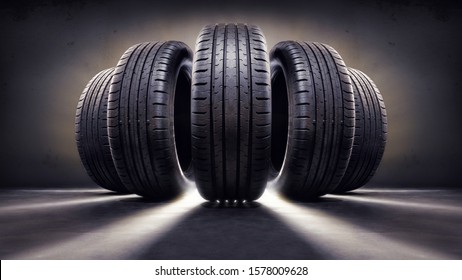 close up of five tires - Shutterstock ID 1578009628