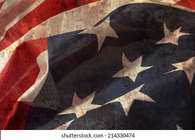 Close Up Flag Of United State Of America Overlaid With Grunge Texture.