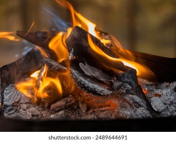 A close up of the a flame wood in bonfire. camp barbecue wood charcoal. wood that burns in the grill. blaze fire flame texture background. Tongues of flame. burning wooden logs and large orange flame - Powered by Shutterstock
