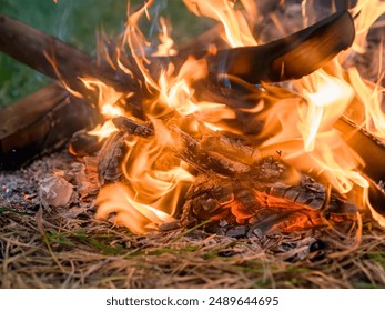 A close up of the a flame wood in bonfire. camp barbecue wood charcoal. wood that burns in the grill. blaze fire flame texture background. Tongues of flame. burning wooden logs and large orange flame - Powered by Shutterstock