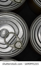 Close Up Flat Lay Of Canned Food Stockpiled In Prepper Pantry