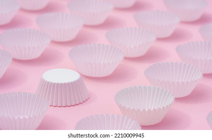 Close Up Flat Lay Soft Light Empty White Paper Round Cupcake Containers On Sweet Pink Minimal Background.idea For Dessert Backdrop,bakery Supplies Shop Wallpaper.