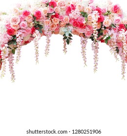 Close Up Floral Arbor For Wedding Decoration Isolated On White Background. Pink Roses Bouquet In Arch Composition For Valentines Day Card.