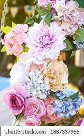 Close Up Floral Arbor For Wedding Decoration. Pink Roses Bouquet In Arch Composition For Valentines Day Card.