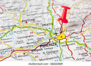 Close Up Of Florence Italy On A Map With Red Pin