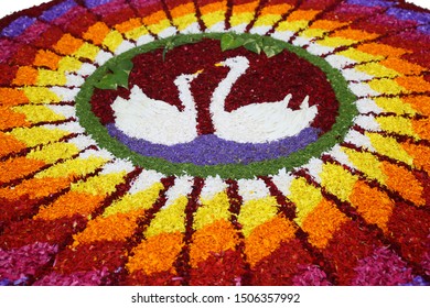 Close Up Of Flower Bed Decoration,  (Athappokkalam) Seamless Floral Pattern Of Tropical Fresh Flowers On Onam Celebration Of Kerala, India. Indian Festival. Dt. 15-09-2019