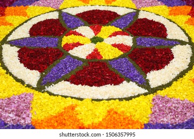 Close Up Of Flower Bed Decoration,  (Athappokkalam) Seamless Floral Pattern Of Tropical Fresh Flowers On Onam Celebration Of Kerala, India. Indian Festival. Dt. 15-09-2019