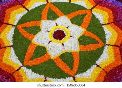 Close Up Of Flower Bed Decoration,  (Athappokkalam) Seamless Floral Pattern Of Tropical Fresh Flowers On Onam Celebration Of Kerala, India. Indian Festival. Dt. 15-09-2019