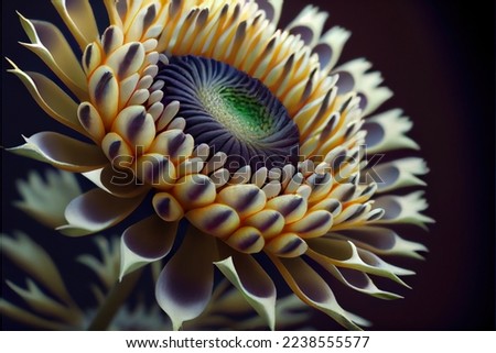  a close up of a flower with a green center and yellow petals on it's petals and petals. . 