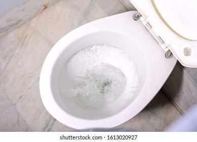 Close up flushing water in clean toilet bowl. - Shutterstock ID 1613020927