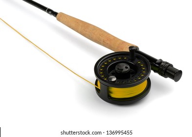 Close Up Of Fly Fishing Rod And Reel Isolated On White