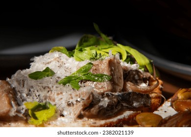 Close up of food with grated cheese, mushrooms and tomato under the morning sunlight. - Powered by Shutterstock
