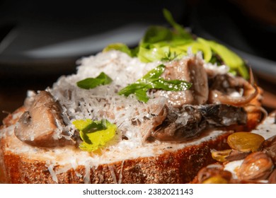 Close up of food with grated cheese, mushrooms and tomato under the morning sunlight. - Powered by Shutterstock