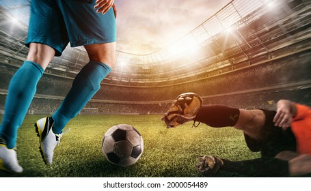 Close up of a football action scene with competing soccer players at the stadium - Shutterstock ID 2000054489