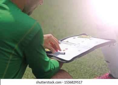 Close up of a football / soccer magnetic coach board with game plan (on a bench at the soccer field)