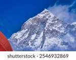 Close up of the forbidding Summit and South west face of Makalu,8485 m,5th highest mountain in the world,evening view from the Mera Peak High camp,5900 m,Mera Peak expedition,Himalayas,Nepal