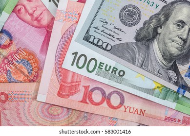 Close Up Of Foreign Currency Banknotes As Background.