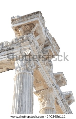Close up fragment of the entablature of the ruined temple of Apollo in Side (Turkey) with a stone-cut relief on the frieze. Isolated, white background, vertical. History, art or architecture concept