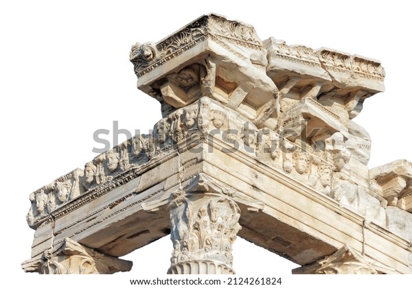 Close up fragment of the entablature of the\
ruined temple of Apollo in Side (Turkey) with a stone-cut relief on\
the frieze. Isolated, white background. History, art or\
architecture concept
