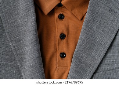 Close Up Fragment Of Grey Blazer With Fashionable Beige Shirt. 