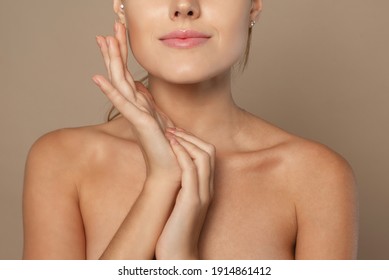 Close Frame Of Neck And Arms Of A Young Woman. Skin Care Concept, Skin Hydration