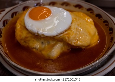 Close Up To Francesinha Typical Dish Of Porto. Typical Food Of Porto, Portugal.