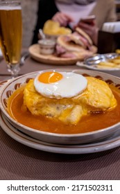 Close Up To Francesinha Typical Dish Of Porto. Typical Food Of Porto, Portugal.