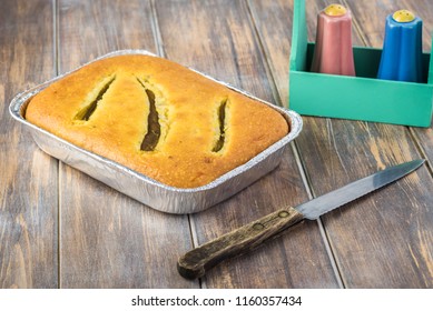 Close Up Of Fresh Baked Hatch Chili Pepper Cornbread On A Wooden Background.