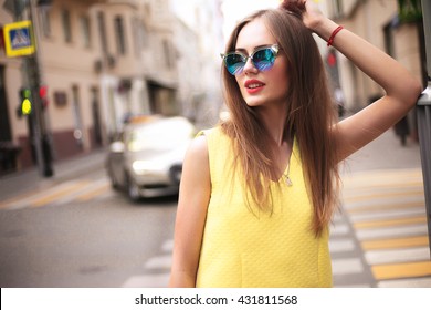 Close up fresh beauty portrait of cute amazing smiling girl, natural glow make up, floral dress summer vintage hat, street evening sunlight.fashionable sunglasses,trendy outfit,street style