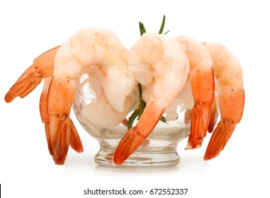 Close Up Of Fresh Cooked Large Shrimp Or Shrimp Cocktail In White Bowl