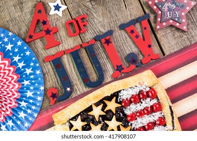 Close Up Of  Fresh Homemade Pie For Forth Of July Celebration On Decorated Wooden Background.