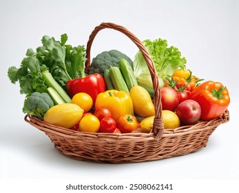 Close up of Fresh organic vegetables and fruits in wicker basket. Assorted fresh vegetables isolated on white background. Copy space. Health food. - Powered by Shutterstock