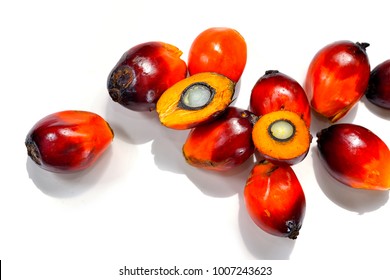 Close up of fresh palm oil fruits isolated on white background, selective focus. 