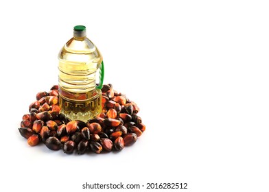 Close up of fresh palm oil fruits with cooking oil isolated on white background, selective focus. 
