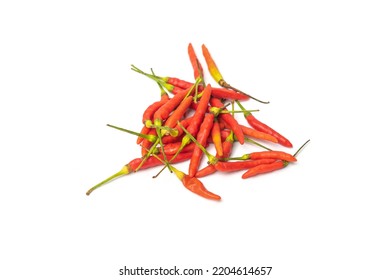 Close Up Of Fresh Red Chili Or Cabai Rawit Isolated On White Background. Cabai Is Authentic Southeast Asia Chili Using For Spicy Food