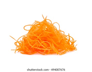 Close Up Of Fresh Shredded Carrots On A White Background