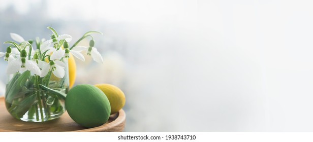 Close up fresh snowdrops in a glass vase and easter eggs. Banner with copy space