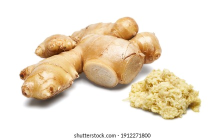 Close Up Freshly Grated Ginger And Cut Ginger Isolated On White Background With Clipping Path        