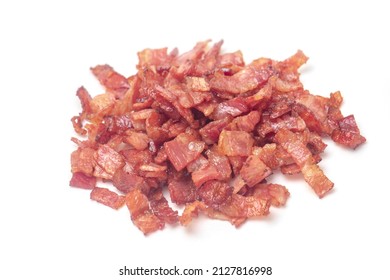 Close Up Of Fried Bacon Pieces Isolated White Background.