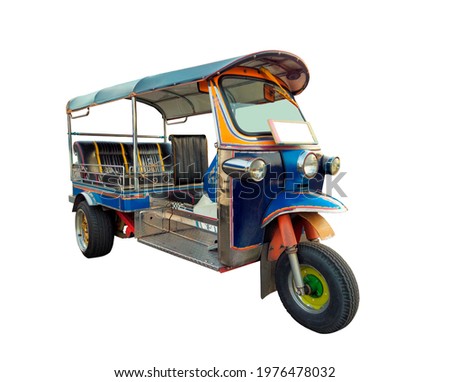 Close up in front of colorful tuk-tuk tricycle taxi on white background isolated