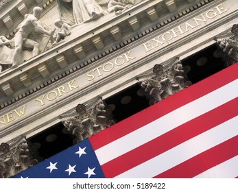 Close Up Of Front Of Flag Draped New York Stock Exchange In New York City.