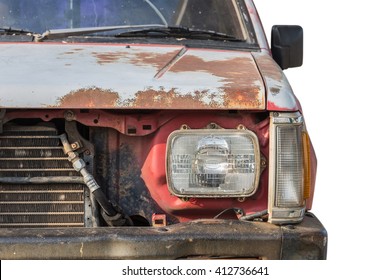 Close Up Front Of Old Rusty Car Isolated On White Background