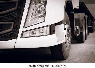 Close Up Front Of Semi Truck On Parking, Road Freight Truck Transport.