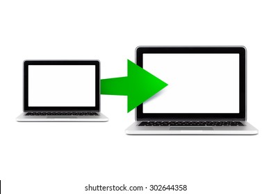 Close up front view of data transfer icon between two notebook computers with white blank screen, isolated on white background.